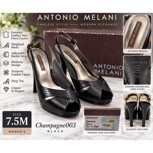 Antonio Melani Champagne003 Black Textured Leather Slingback Peep Toe Heels 7.5M